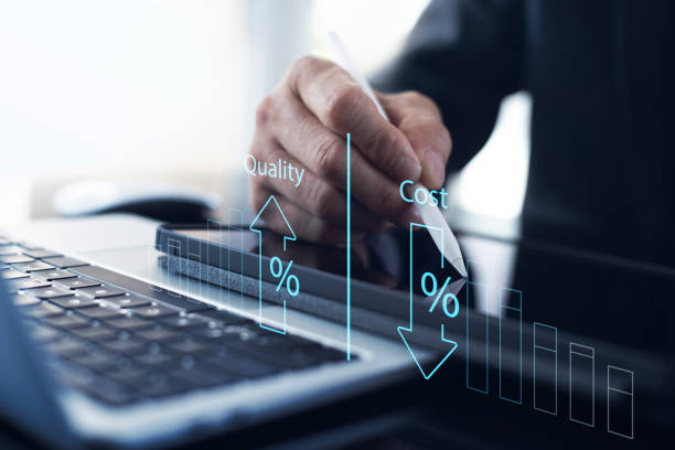 c3 Cost and quality control, business strategy and project management concept. Businessman working on digital tablet with quality control growth graph and cost reduction, effective business