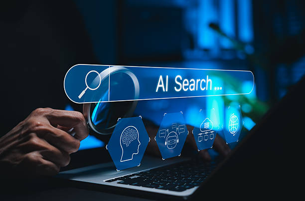 o3 AI Search Engine Technology Concept. Person using laptop with AI-powered search bar interface and digital icon representing chatbot, neural network, cloud computing, big data, global search technology